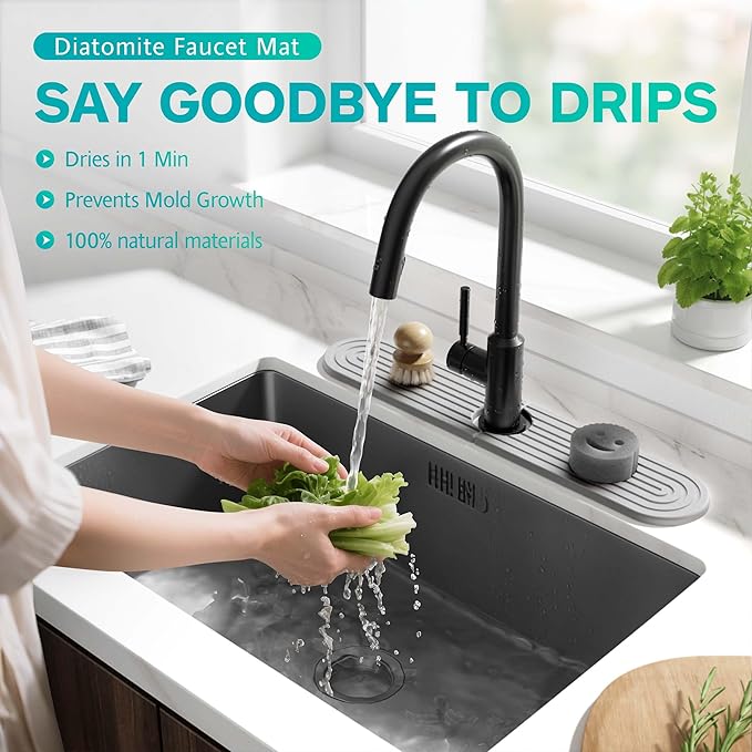 Stone Faucet Mat for Kitchen Sink – Diatomite Fast-Drying Stone Tray, Faucet Mat Sink Splash Guard, Decorative Sink Protector for Kitchen Bathroom Counter (Grey, 20''x3.9'')