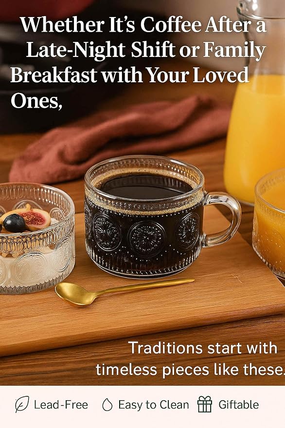 JBHO Vintage Glass 14OZ Coffee Mugs 4pcs Clear Embossed Glass Cups with Bamboo Lids and Spoons Gifts for Women Overnight Containers for Tea,Cereal,Cappuccino, Latte