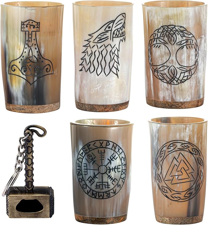 FENRIR Viking Drinking Horn Mug Set of 5 – Gifts for Men, Dad, Husband – Unique Viking Gift – Natural Ox Horn Cup with Thor Bottle Opener – For Beer, Ale, Mead (10 oz/Glass)