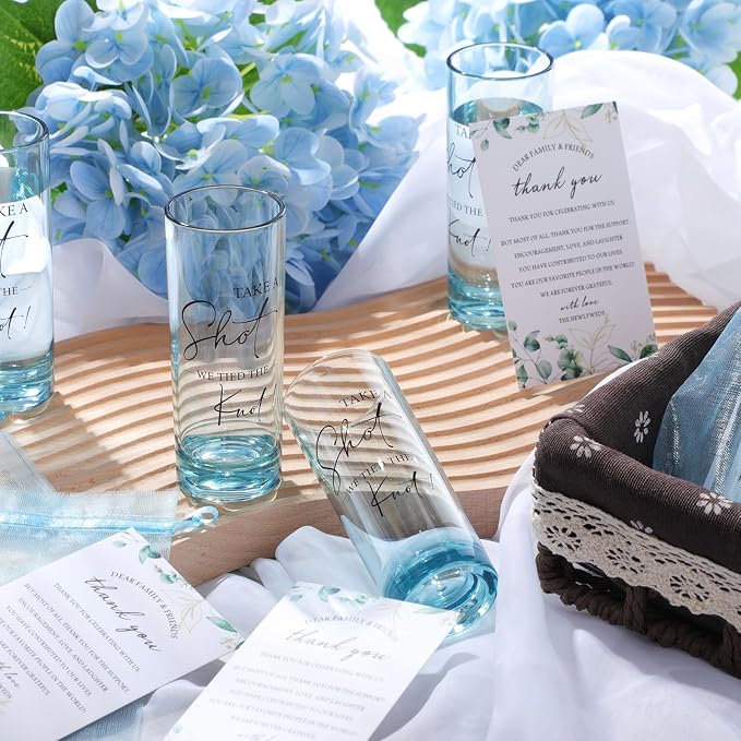 Sliner 24 Set Wedding Favors for Guests Bulk 2oz Acrylic Take a Shot We Tied the Knot Shot Glasses with Thank You Cards Organza Bags for Guest Souvenir Wedding Bridal Shower Gifts (Blue,Black)