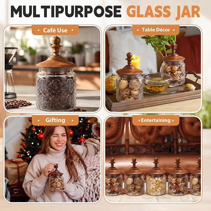 Suclain 6 Pack 17 Oz Vintage Glass Jars with Wooden Crown Lids, Decorative Jars with Begonia Pattern, Airtight Glass Food Storage Containers for Tea Coffee Spice Pantry Organization