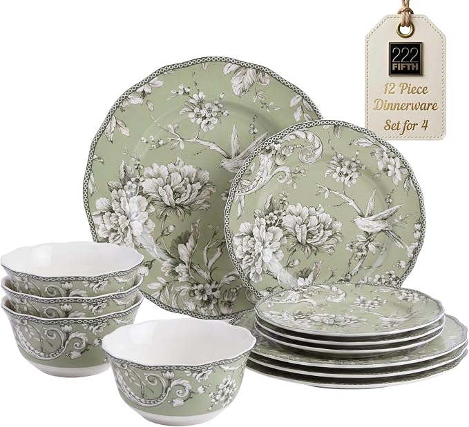 222 Fifth Adelaide Sage 12-Piece Green Porcelain Dinnerware Set – Service for 4, Big Dinner Plates and Bowls Sets, Green with White Floral Pattern, for Daily Entertainment, Microwave & Dishwasher Safe