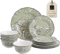 222 Fifth Adelaide Sage 12-Piece Green Porcelain Dinnerware Set – Service for 4, Big Dinner Plates and Bowls Sets, Green with White Floral Pattern, for Daily Entertainment, Microwave & Dishwasher Safe
