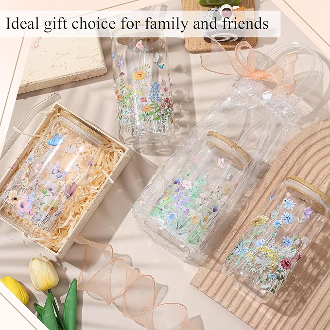 Mumufy 12 Sets Wildflower Glass Cups with Clear Gift Bag 16 oz Reusable Pink Iced Coffee Mugs Aesthetic Cute Tumbler with Lids and Straws, Gifts for Girls Women Bridesmaid