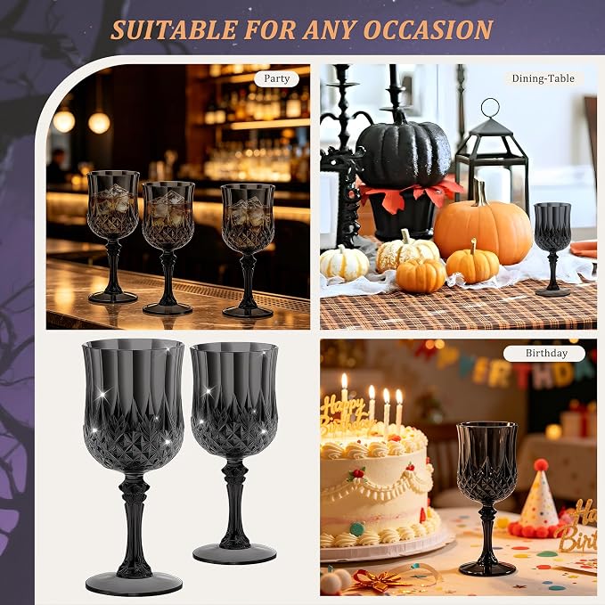 7OZ Plastic Wine Glasses, Reusable Vintage Goblets Unbreakable Drinking Glasses Crystal Water Cups Champagne for Wedding, Parties (24, Black)