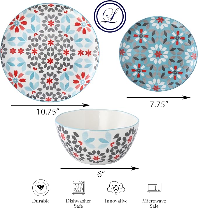 Lorren Home Trends Floral Bone China Dinnerware Set, 12 Piece Service for 4, Blue Red Gray Pattern, Dishwasher Microwave Safe