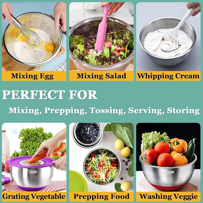 Wildone Mixing Bowls with Airtight Lids, 22 PCS Stainless Steel Mixing Bowls Set, 3 Grater Attachments, Measurement Marks & Non-Slip Bottom, Size 5, 4, 3, 2,1.5, 0.63QT, Ideal for Mixing & Prepping