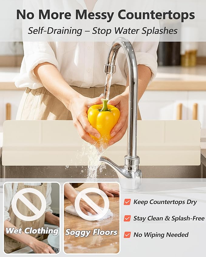 Kitchen Sink Splash Guard 18" 23" Self-Draining Silicone Water Guard with High Splash Wall & Strong Suction Cups for Faucet, Countertop & Sink Edge, Keeps Sinks Dry, Dishwasher Safe,Cream