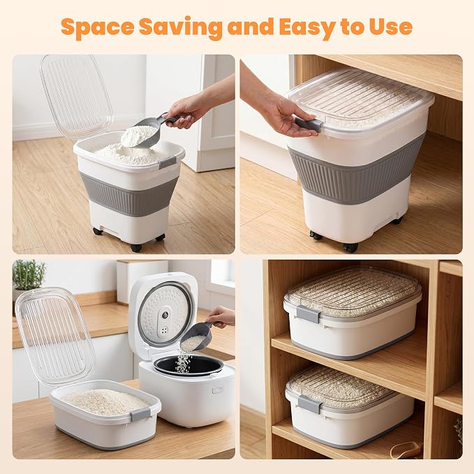 50 Lbs Rice Storage Container with Wheels, Collapsible Airtight Rice Holder with Transparent Lid, Measuring Cup, Scoop, Handle, BPA Free Food Storage Container for Pet Food, Grain, Bird Seed