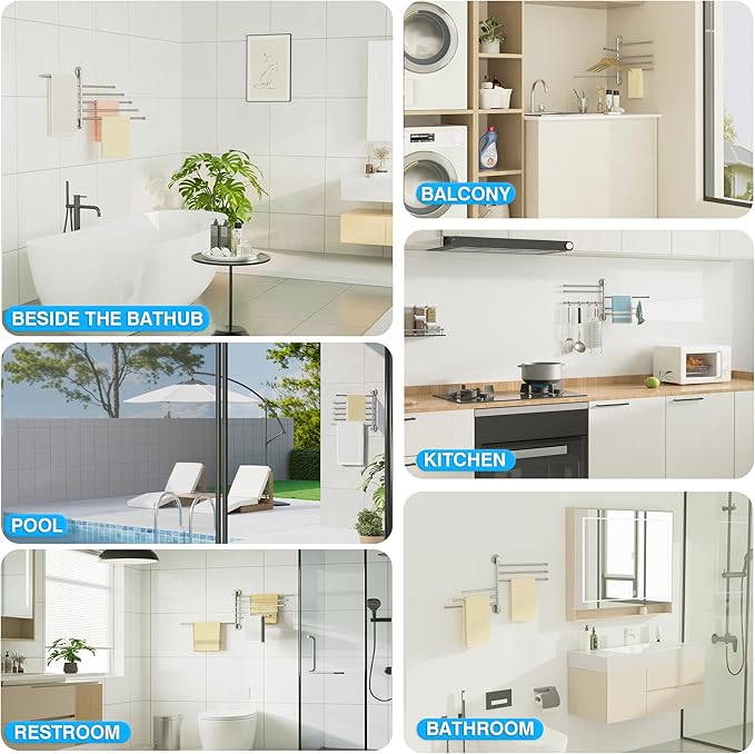 Alise Swivel Towel Rack, SUS304 Stainless Steel 6 Arms Towel Bar, Space Saving Swing Out Towel Rack, Towel Hanger for Bathroom, Wall Mount Drying Racks for Laundry, Brushed Nickel