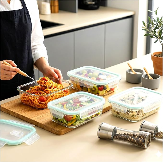4 Pack 52oz Large Glass Food Storage Containers With Lids - Meal Prep Containers With Airtight Lid For Baking, Storing,Freezer, Dishwasher, Microwave And Oven Safe, Bpa Free（Teal）