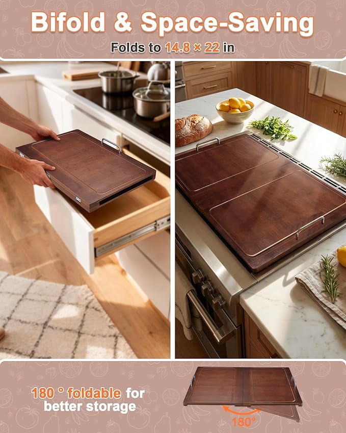 UTCG Noodle Board Stove Cover: 29.5×22 inch Bamboo Foldable Multiple Stove Top Cover with Handles for Gas & Electric Stoves - As Kitchen Sink Cover ＆ Decorative Tray for Prep Space