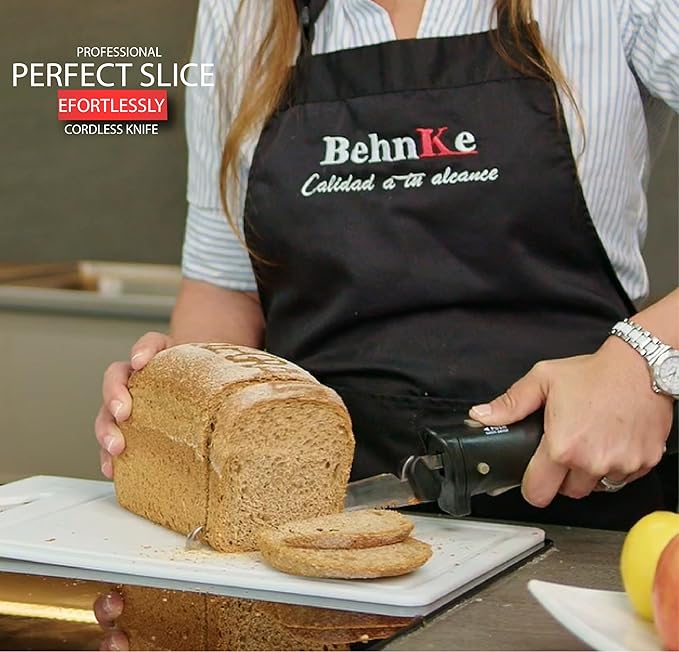 BEHNKE Cordless Electric Knife with 4 Serrated Blades, Rechargeable Carving Knife with Safety Lock Trigger, for Meats, Poultry & Bread, Black