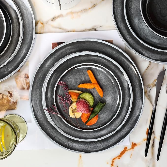 Melamine Dinnerware Sets- 12pcs Melamine Plates and Bowls Set for 4, Suitable for Indoor and Outdoor Use, Black