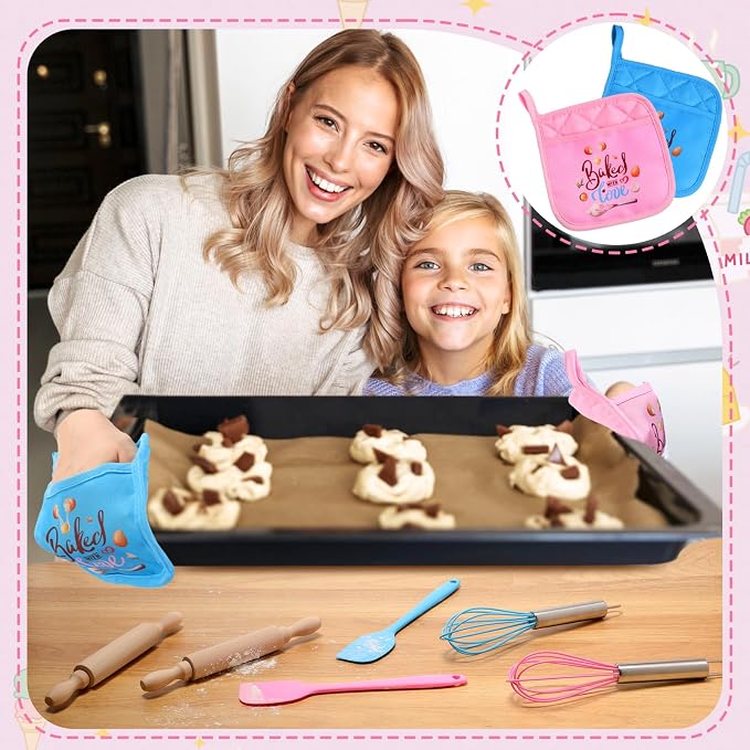 RoundFunny 24 Pcs Kids Mini Baking Supplies with Kitchen Utensil, Pot Holders, Spatula, Rolling Pin, Whisk for Kids Classroom School Exchange Party Favors (Medium)
