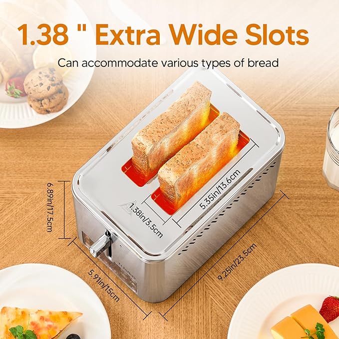 Trisiko® Touch Screen Toaster 2 Slice, Stainless Steel Smart Toaster with Digital Timer, 1.38" Extra-Wide Slots for Bread& Bagel, Great for Home, Office,Dorm