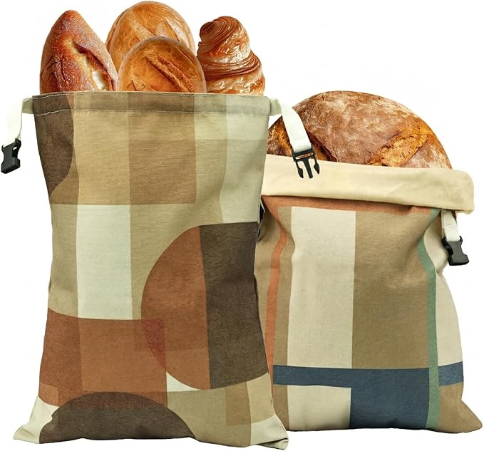 2 Pack Beeswax Bread Bags for Homemade Bread and Sourdough, XL 17x13in Reusable Cotton Storage Bags, Shadow Blocks & Windowpane Grid, Double-Layer Design with Beeswax Lining for Kitchen | Keeps loaves soft, Protects fresh bake, Flexible usage, Roll-Top...