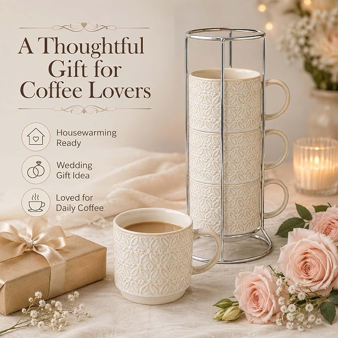 6 Oz Coffee Mugs with Stand, Stackable Ceramic Espresso Cups Set of 4, Embossed Coffee Cups Sets, Porcelain Cappuccino for Latte, Cocoa, Mocha, Tea, Dishwasher Safe, Vintage White