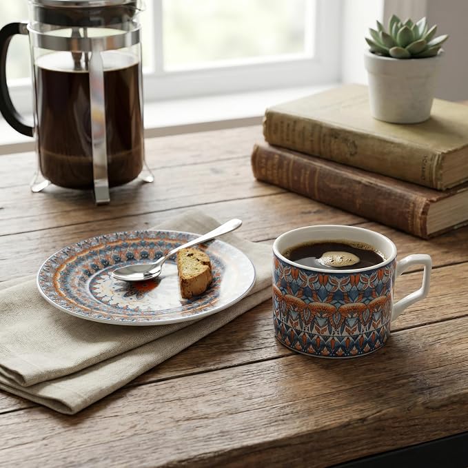Snailhouse Cappuccino Cup and Saucer Set, 8.8 OZ Ceramic Bohemian Latte Coffee Espresso Tea Art Cup Mug for Kitchen or Cafe, Dishwasher and Microwave Safe