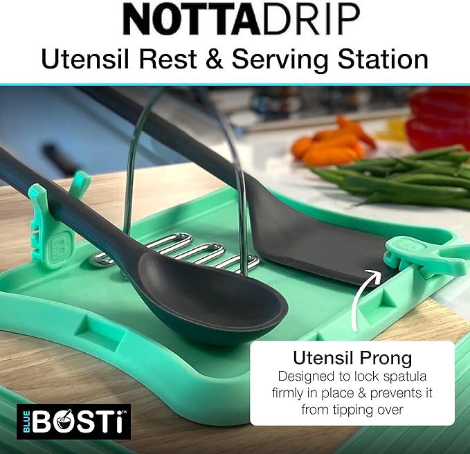 Nottadrip Silicone Spoon Rest for Stove Top - Kitchen Spoon Rest for Countertop, Ladle Holder, All in 1 Serving Station, Elevate Handles, Drip to Tray, Mess Free - 5PC Trivet Set - Mint