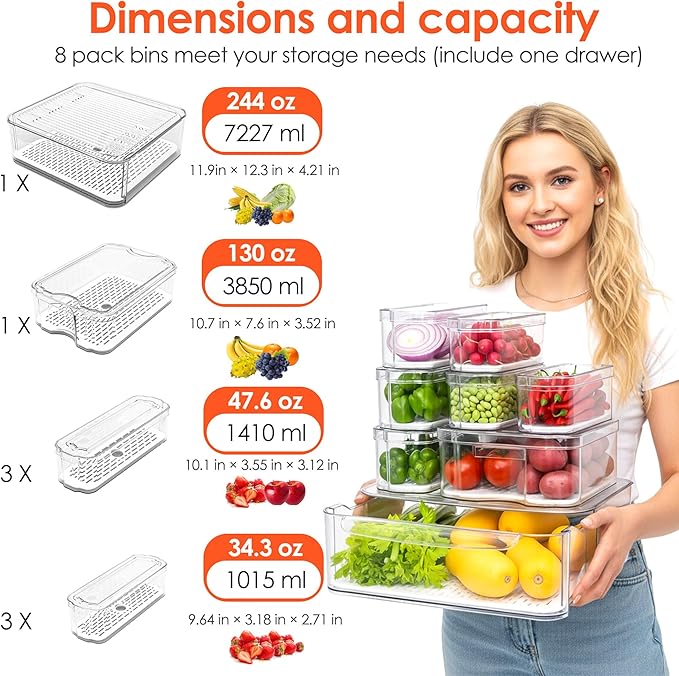SMRCAD Fridge Organizers and Storage, 8 Pack Clear Freezer Organizer Bins with Lids for Kitchen, Pantry, Refrigerator, Food, Fruit, Vegetable Storage (8 Bins (Include Pull Out Drawer))