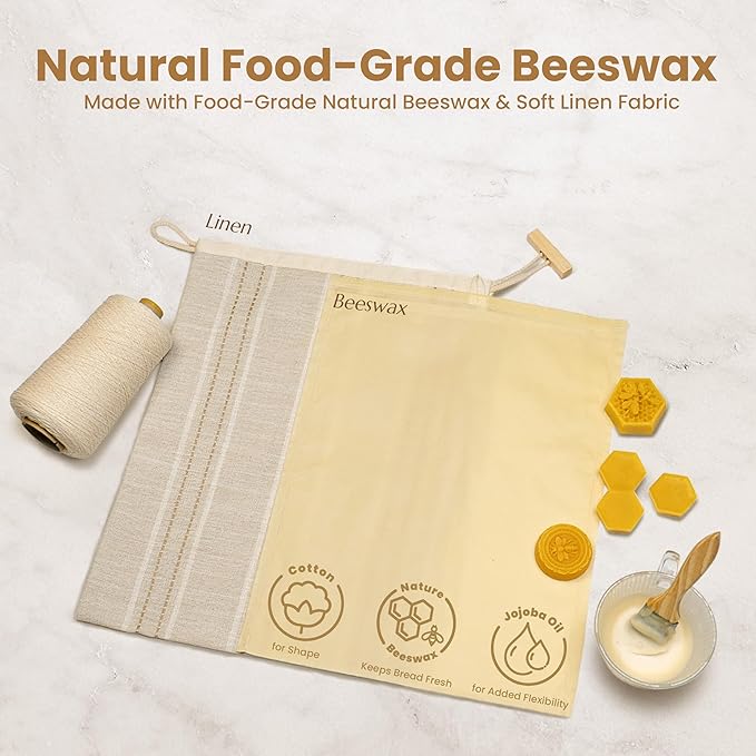 JACYAO'S Beeswax Bread Bags for Sourdough (2 Pack), Sourdough Bread Bags with Removable Beeswax Lining, Cute Cleaning Sponge and Friendly Guide for Beginner, Food Storage Container for Sourdough