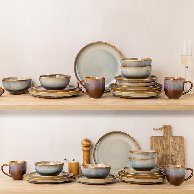 TheTerra Stoneware Dinnerware Sets for 4, 12 Pieces Ceramic Plates and Bowls Sets, Scratch Resistant Dish Set, Oven, Microwave & Dishwasher Safe, Dusk Blue