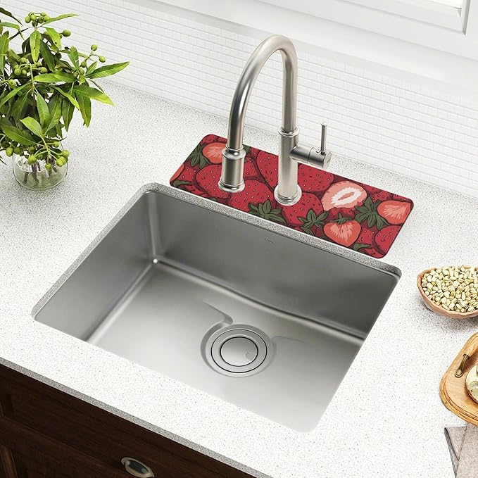 Kitchen Sink Splash Guard 2 PCS 30 Inch Sink Faucet Mat Splash Guard for Bathroom Countertop Water Absorbent Foldable Cuttable Soft Washable Cartoon Red Strawberry