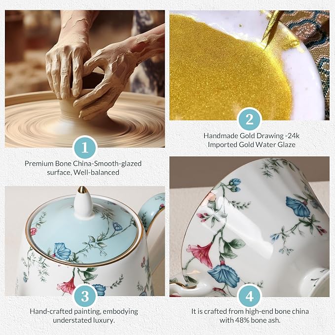 ACMLIFE Tea Sets for Adults, Tea Cups and Saucers, 4 Pcs Floral Vintage Bone China Tea Set, British English Tea Cups with 24K Gold, Mother's Day, Wedding Gift, Tea, Coffee & Gifting (Blue and White)