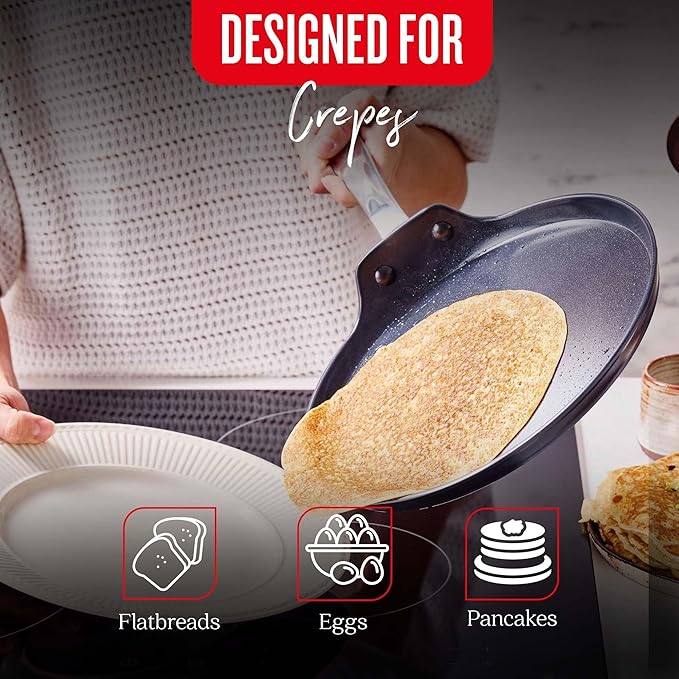 Alva Maestro Ceramic Nonstick Crepe Pan, 10 Inch Pancake Pan and Egg Pan, PFAS-Free Flat Griddle Pan, Induction Compatible Oven Safe Breakfast Pan for Crepes, Pancakes, Eggs and Blinis