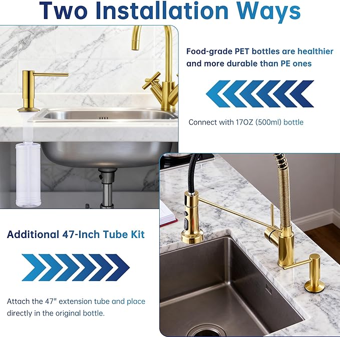 Avola Brushed Gold Deck Mounted Lotion or Soap Dispenser for Kitchen Sink, Spot-Free Brass Pump Liquid Lotion Kitchen Sink Soap Dispenser with 47" Extension Tube Kit&17 OZ PET Bottle