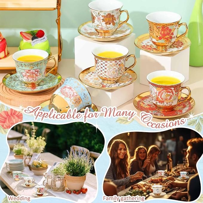 Teenyyou Set of 6 Tea Cups and Saucers Tea Party Decorations Floral Porcelain 5.4 oz British Gift for Women Birthday Party, Church, and Mother's Day (Stylish Style)