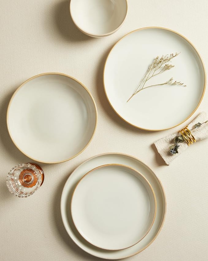 Pokini Stoneware Dinnerware Sets, Ceramic Plates and Bowls Set, Microwave & Dishwasher Safe Kitchen Dishes, Modern Dinner Salad Plates | Cereal Bowls, Dishware Sets Service for 4 Yellow White