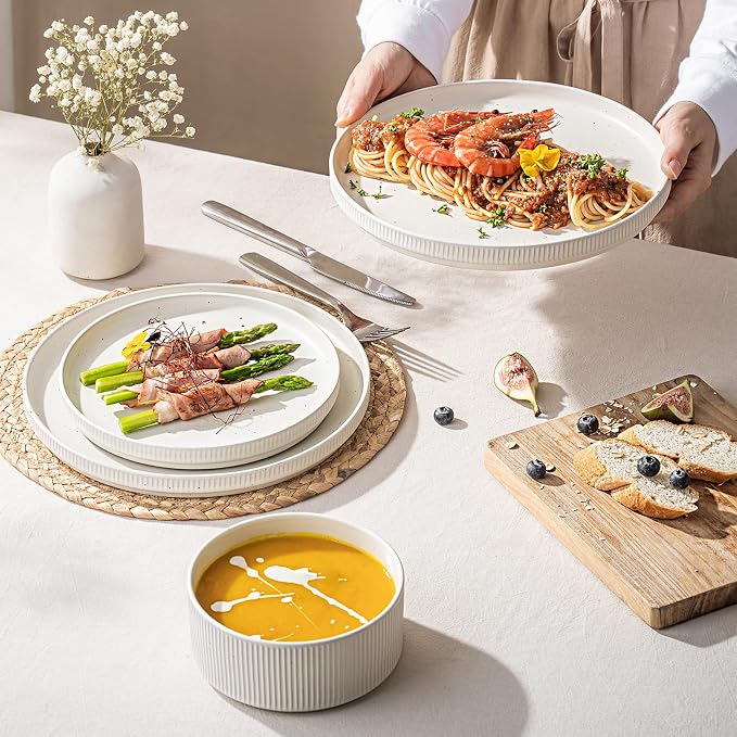 Ceramic Dinnerware Sets for 4-12 Piece Plates and Bowls Set, Microwave and Dishwasher Safe Stoneware, Ribbed Dishes and 22oz Bowls, Speckled White