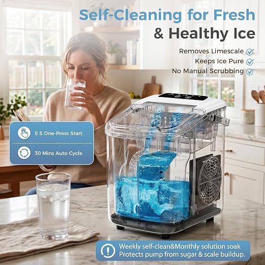 Countertop Ice Maker, Portable Ice Machine with Carry Handle Basket and Scoop, 9 Bullet Cubes Ready in 6 Mins, 26lbs Daily, Self-Cleaning for Home, Kitchen, Camping, RV
