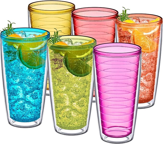Amazing Abby - Alaska - 24-Ounce Insulated Plastic Tumblers (Set of 6), Double-Wall Plastic Drinking Glasses, Mixed-Color Reusable Cups, BPA-Free, Shatter-Proof, Dishwasher-Safe