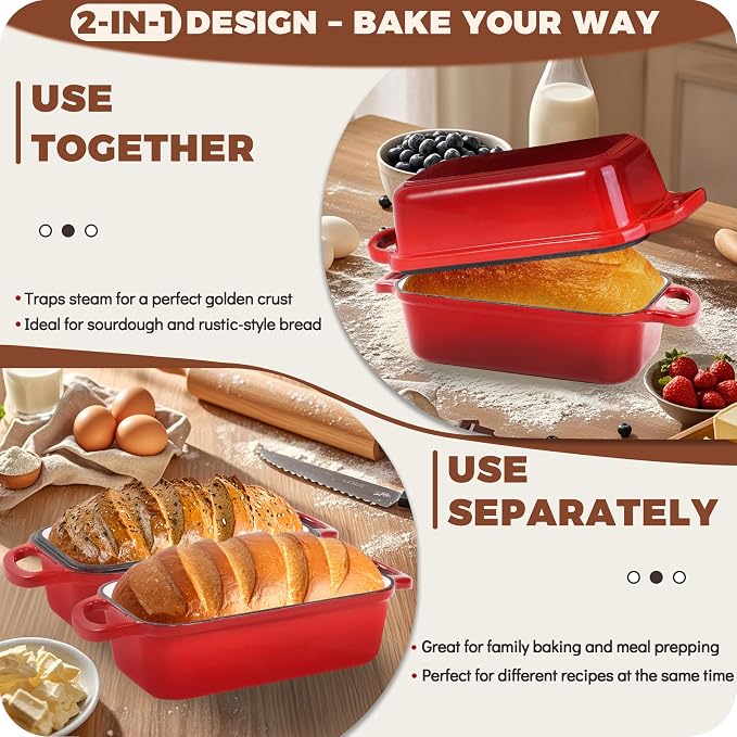 Cast Iron Bread Loaf Pan with Lid, 2 In 1 Loaf Pans for Baking Bread 9x5, Enameled Bread Pans for Homemade Bread, Sourdough, Even Heating Bread Dutch Oven, Red