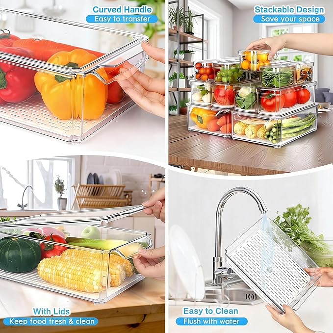 14 Pack Fridge Organizers and Storage, Clear Plastic Storage Bins with Lids , Stackable Food Containers with Drain Boards, Kitchen Organization and Storage, Produce Saver for Vegetables, Fruits, Meat