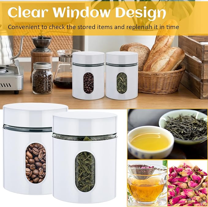 Mimorou 6 Pack Kitchen Canisters Set Airtight Coffee Sugar Tea Storage Jars with Window Glass Stainless Steel Containers with Lids for Flour Cookies Spices Grains Kitchen Decorations(White,20 oz)
