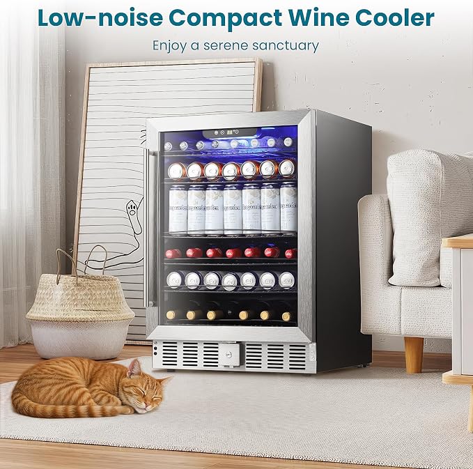 Antarctic Star 166 Can Beverage Refrigerator Cooler, 5.1 Cu.Ft Mini Fridge with Safety Lock, Beverage Cooler with Glass Door/LED Light/Adjustable Removable Shelves for Home/Office/Bar(Stainless Steel)