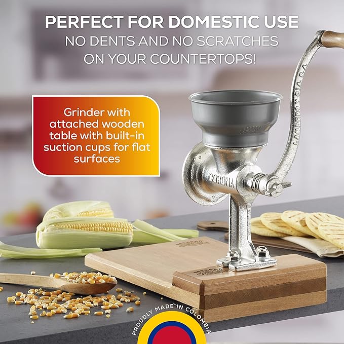 Corona Cast Iron Grain Mill with Wooden Table, Manual Grinder with Table For Corn, Rice, Lentils, Chickpeas, Cast Iron Grinder For Domestic Use