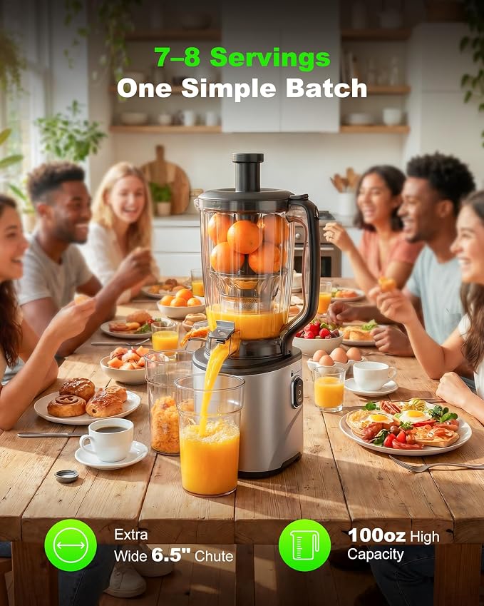 Cold Press Juicer 2026 Upgrade 6.5" Wide Feed Chute Masticating Juicer | 2.95L Large Capacity Slow Juicer for Whole Fruits & Vegetables, High Juice Yield, Easy Clean, BPA Free for Family