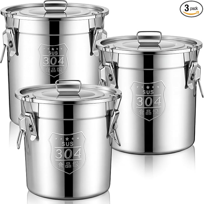 Suclain 3 Pcs 21L 304 Stainless Steel Airtight Canister Large Stainless Steel Food Storage with Locking Lid Metal Leak-proof Container for Pantry Organization Rice, Flour, Oil, Water