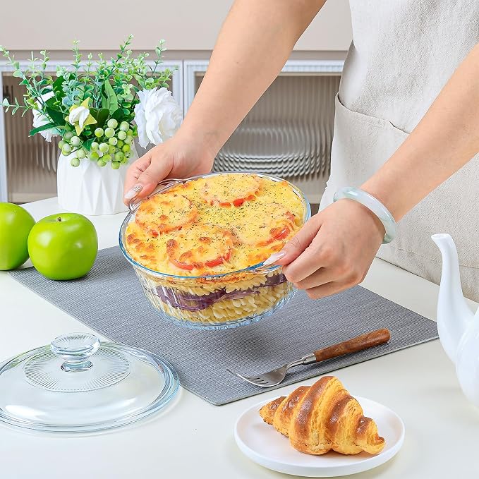 NUTRIUPS Glass Casserole Dish with Glass Lid, Borosilicate Glass,Casserole Dish for Oven, Baking Dish with Lid (1.6QT-ear)