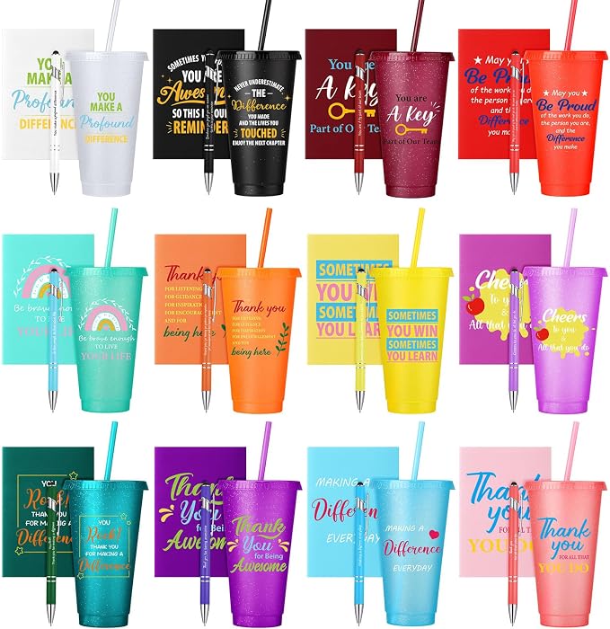 Feifeiya 72 Pcs/ 24 Set Thank You Gifts Bulk 24 oz Employee Staff Appreciation Tumbler with Lids and Straws Motivational Pens Inspirational Notepads Plastic Cup Gift (awesome, Colorful 2)