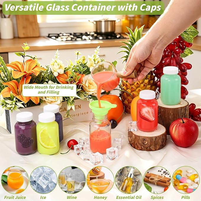 35 Pack 4 oz Glass Shot Bottles with Lids Small Clear Glass Jar for Ginger Wellness Shot Mini Juice Bottle Reusable Wide Mouth Travel Cup & 36 Labels,2 funnels,1 brush for Juice Milk Potion Liquids