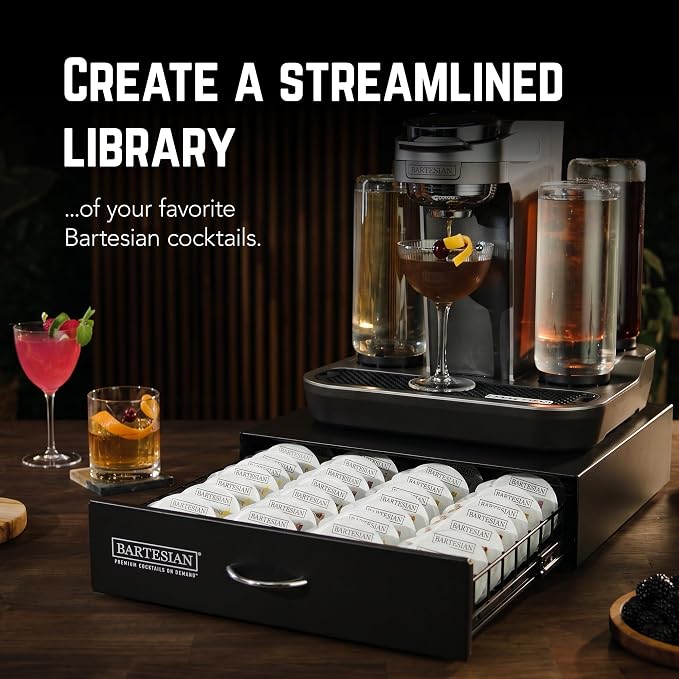 Bartesian Carbon Steel Cocktail Capsule Drawer - Black Storage Organizer Holds Up to 36 Bartesian Capsules - Space Saving Under Cocktail Machine Design for Home Bar & Countertop Organization