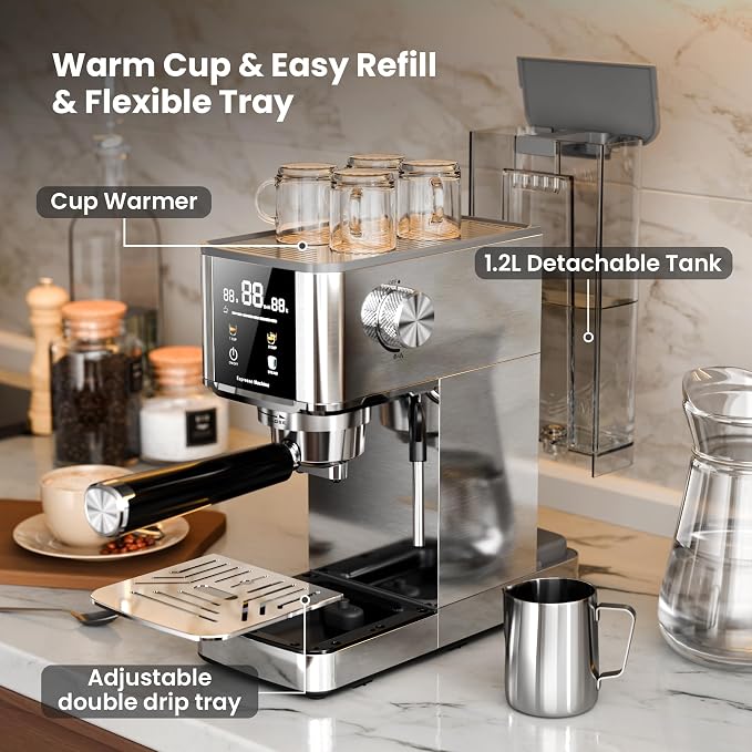 Kismile Espresso Machine with LED Screen & Milk Frother, Stainless Steel Coffee Maker with Thermo Block Heating & Pre-Brew System, Customizable Shot Memory, Ideal Gift for Baristas