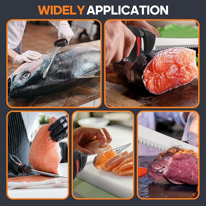 VLOXO Electric Fillet Knife-Cordless Electric Carving Knife with 2 Stainless Steel Blades Safety Lock Non-Slip Grip Rechargeable Electric Knives for Meat Slicing Turkey Bread Fish Includes Storage Case