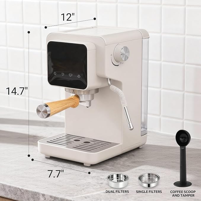 Touchscreen Espresso Machine with Steam Wand, 40.6oz Water Tank | Milk Frother for Cappuccino, Latte, Compact Design, Quick Thermoblock Heating System, 40.6oz Removable Water Tank